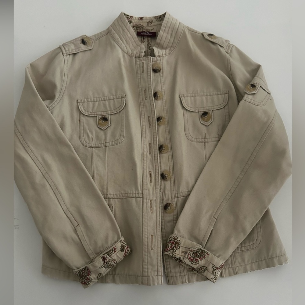 Vintage Jordache Beige Utility Jacket with Floral Cuff and Collar Detail